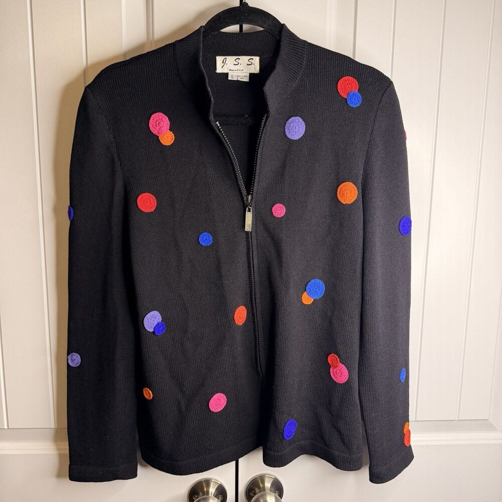 Vintage J.S.S. Wool Zip Cardigan Sweater L Black Colorful Crochet Polka Dot USA